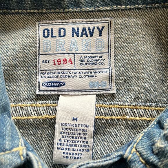 Old Navy Blue Denim Cropped Embellished Jean Jacket Size Medium Distressed Y2K - Picture 5 of 10